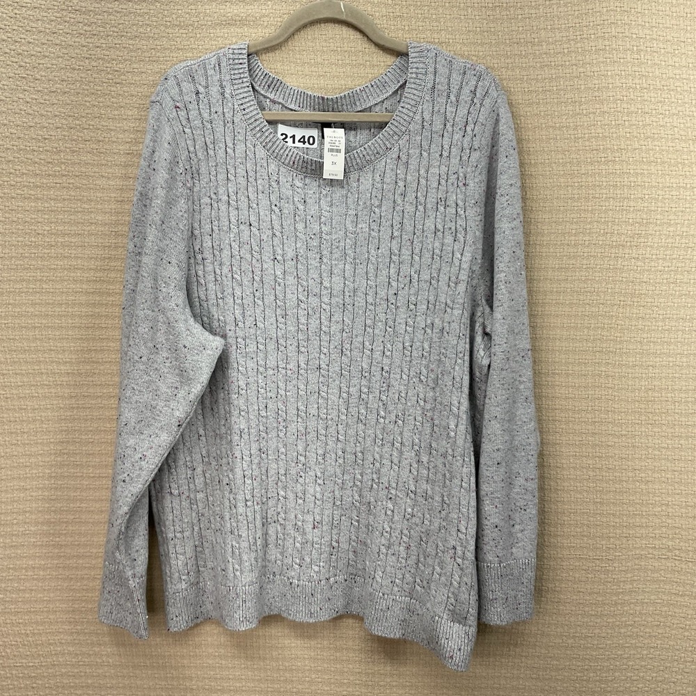 NWT Talbots Plus Gray Cable Knit Sweater Women's Size 3X Button Cuff Lightweight